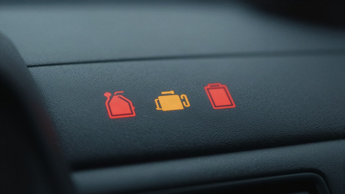 Luzes de advertência acesas no painel de um carro: óleo e bateria em vermelho, motor em amarelo